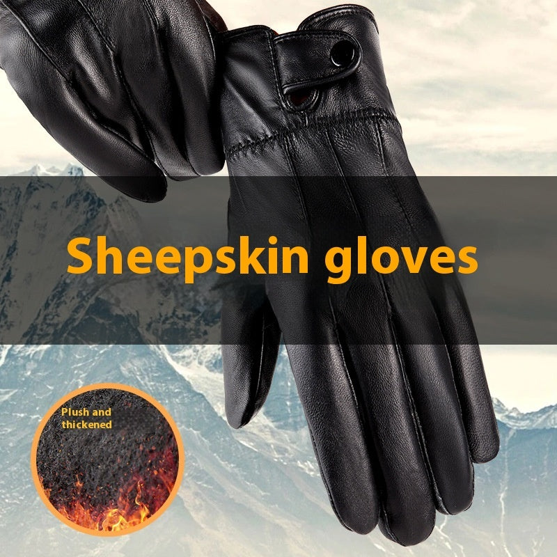 Genuine Leather Gloves For Men And Women Autumn And Winter Fleece-lined Thickened