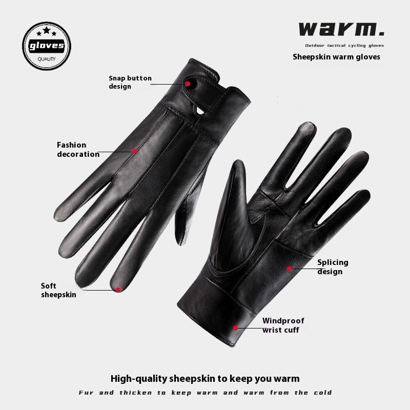 Genuine Leather Gloves For Men And Women Autumn And Winter Fleece-lined Thickened